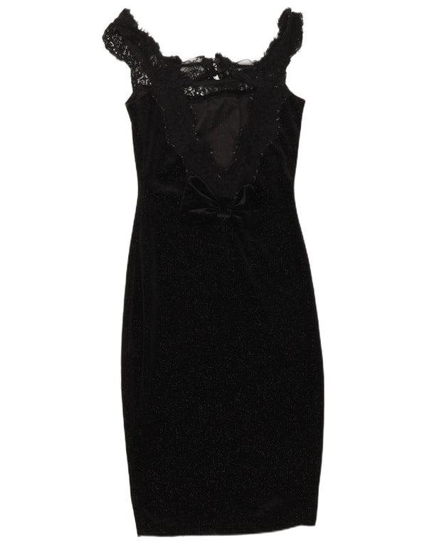 VINTAGE Γυναικείο Αμάνικο Bodycon Φόρεμα UK 4 XS Μαύρο Flecked