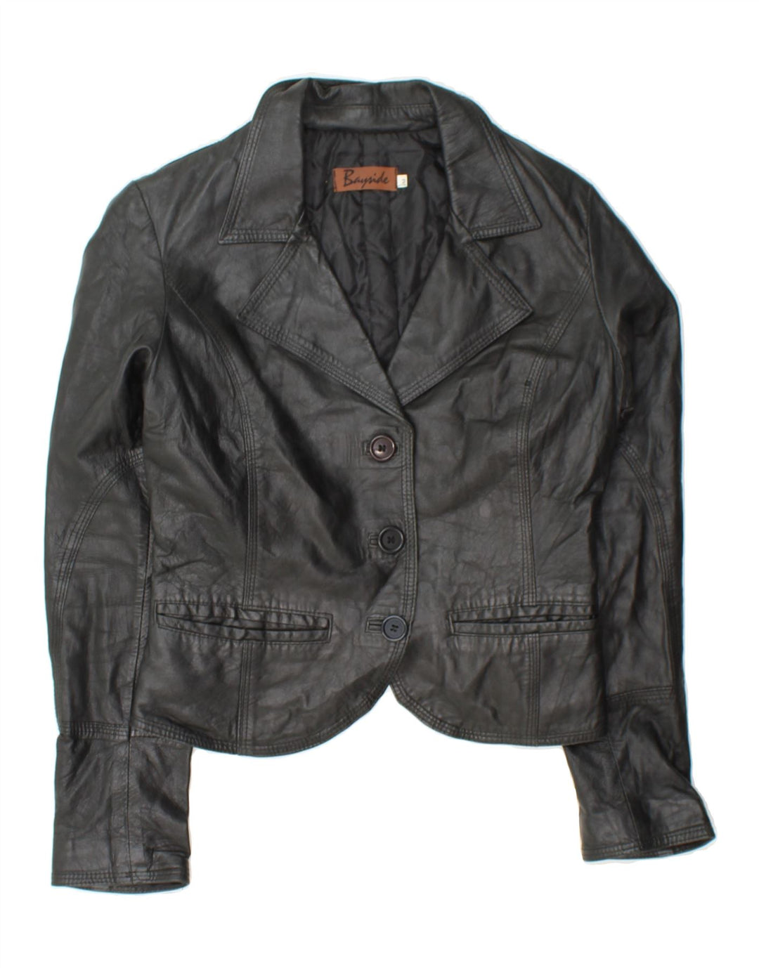 BAYSIDE Womens Crop 3 Button Blazer Jacket UK 12 Medium Black Leather Vintage Bayside and Second-Hand Bayside from Messina Hembry 