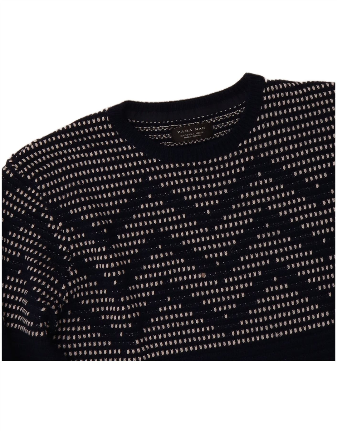 ZARA Mens Crew Neck Jumper Sweater Small Navy Blue Chevron