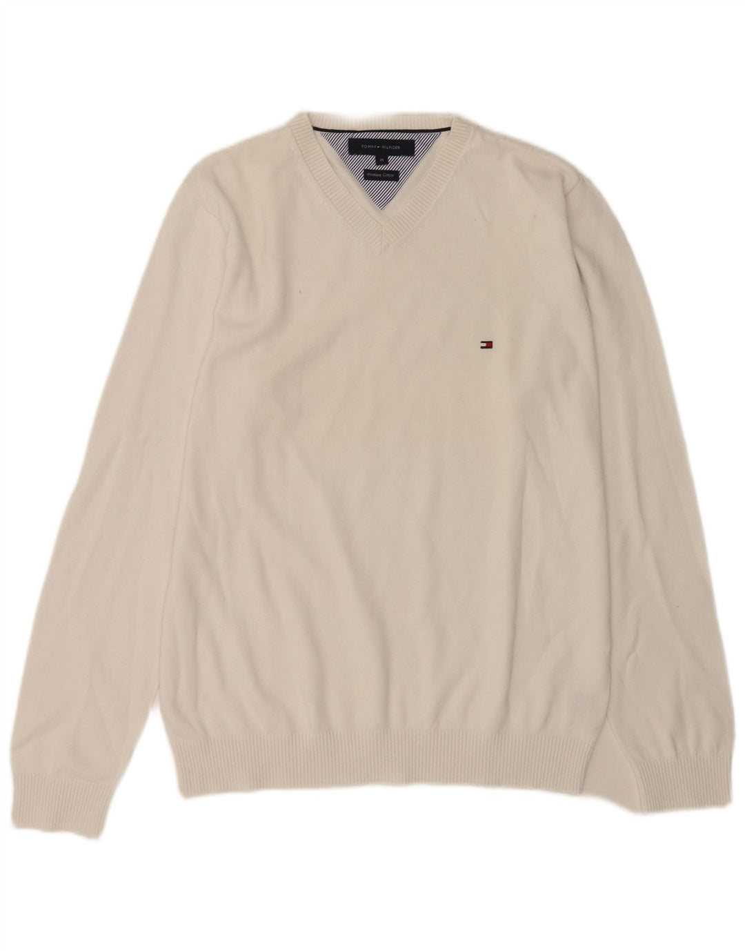 Ανδρικό πουλόβερ Tommy Hilfiger με V λαιμόκοψη, μεσαίο λευκό βαμβακερό