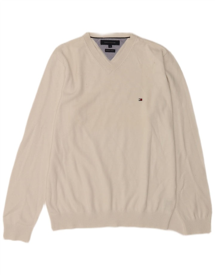 Ανδρικό πουλόβερ Tommy Hilfiger με V λαιμόκοψη, μεσαίο λευκό βαμβακερό