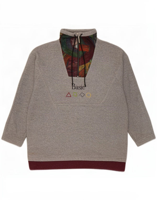 Basic Mens Zip Neck Fleece Jumper Large Grey Geometric Polyester