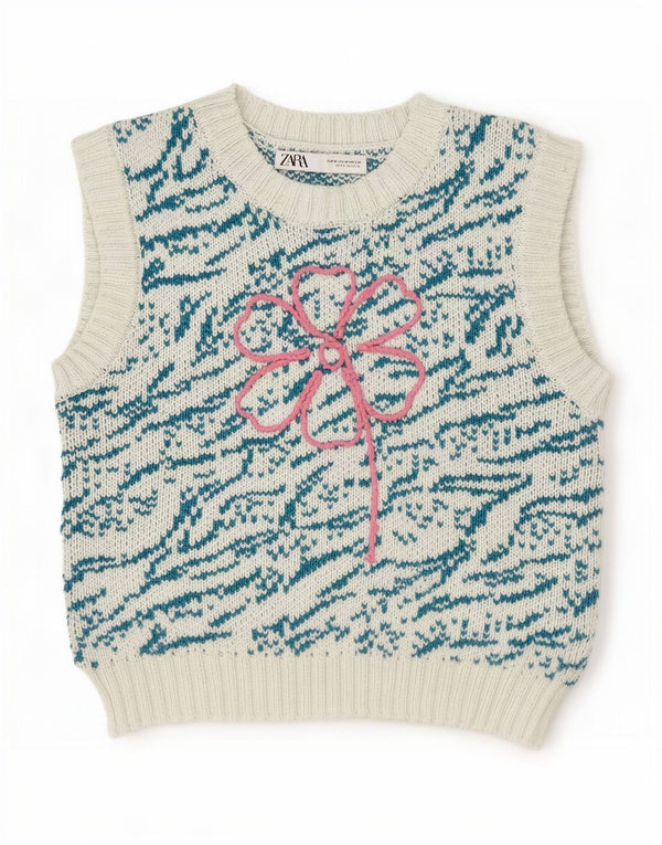 Zara Γυναικείο φανελάκι γραφικό Crop Tank Top UK 12 Medium Blue Floral Βαμβακερό