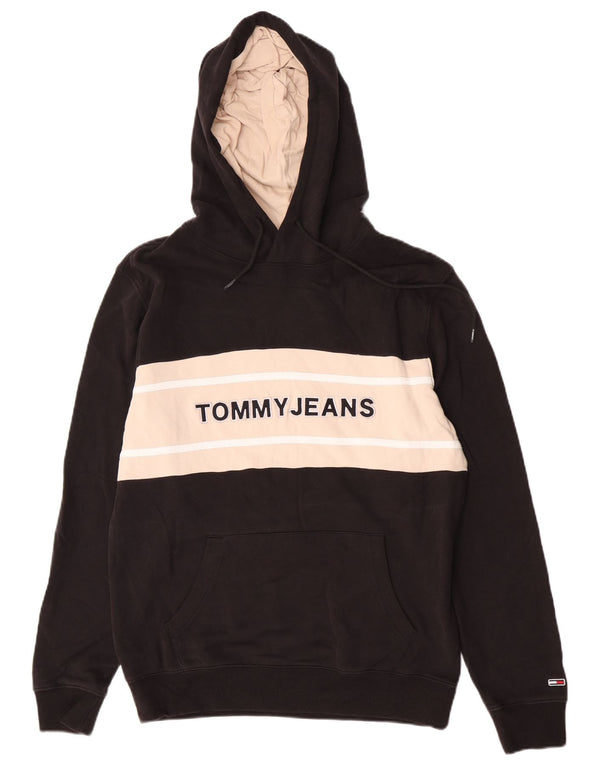 Tommy Hilfiger Mens Graphic Hoodie Jumper Large Black Colourblock Cotton