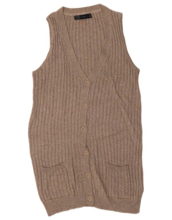 Zara γυναικείο αμάνικο πουλόβερ ζακέτα UK 14 μεσαίο μπεζ βαμβακερό