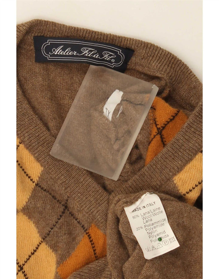 Vintage ανδρικό πουλόβερ με λαιμόκοψη XL καφέ Argyle/Diamond Wool