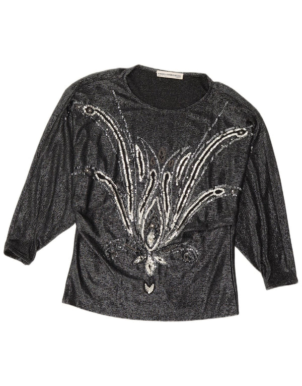 Γυναικεία μακρυμάνικη μπλούζα VINTAGE Top IT 42 Μεσαία Μαύρη φλοράλ βισκόζη