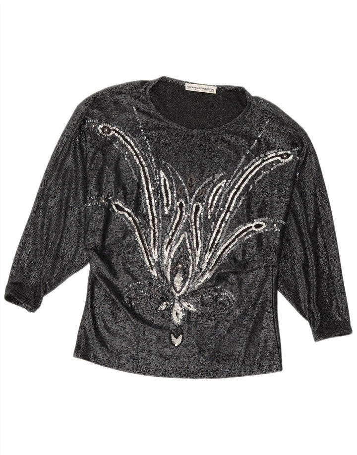 Γυναικεία μακρυμάνικη μπλούζα VINTAGE Top IT 42 Μεσαία Μαύρη φλοράλ βισκόζη
