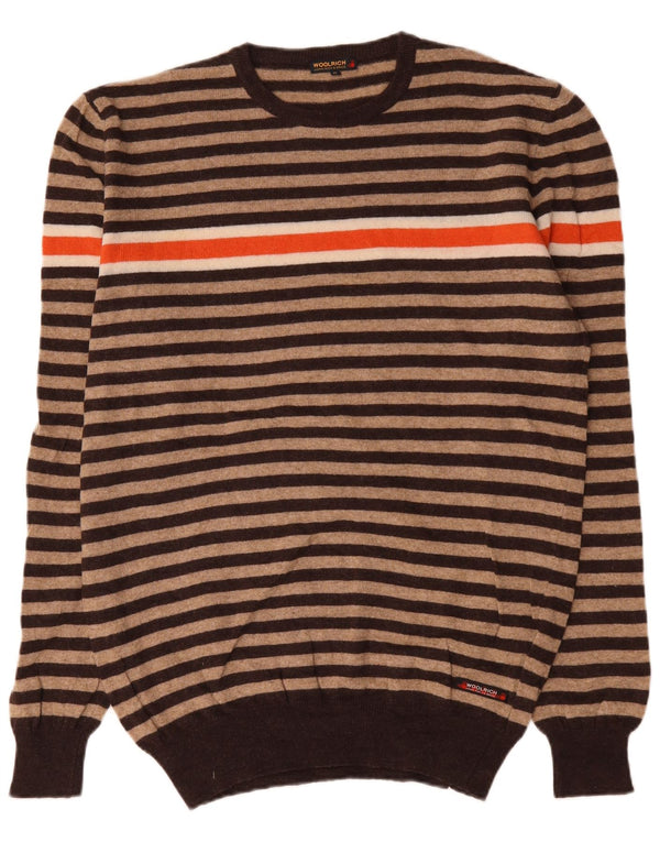 Woolrich Mens Crew Neck Jumper Sweater XL Beige Striped Wool