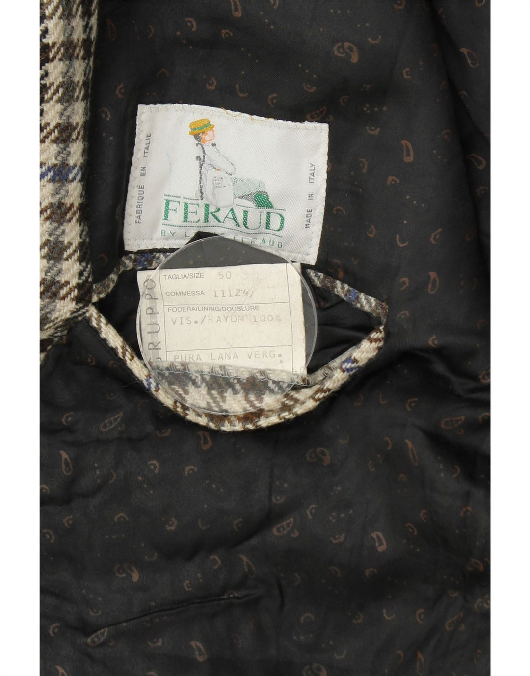 FERAUD Mens 2 Button Blazer Jacket IT 50 Large Beige Houndstooth Vintage Feraud and Second-Hand Feraud from Messina Hembry 