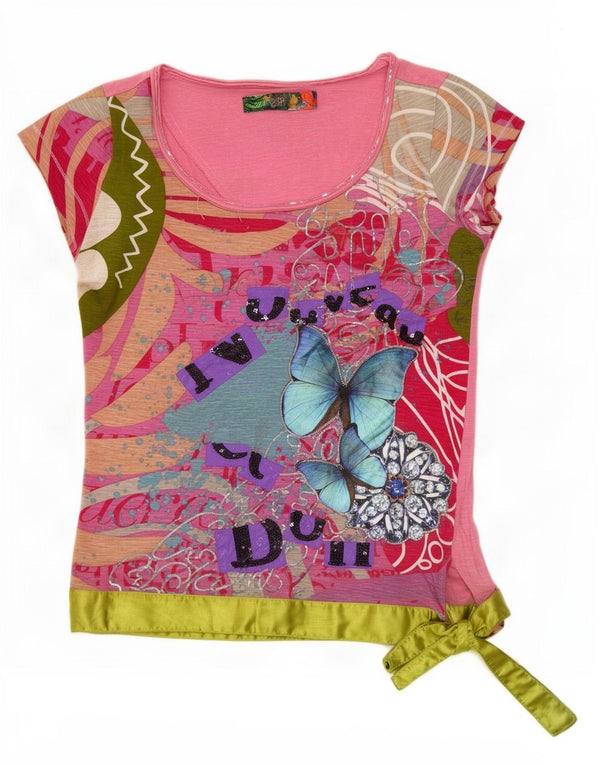 Desigual Womens Graphic T-Shirt Top UK 12 Medium Pink Floral Cotton