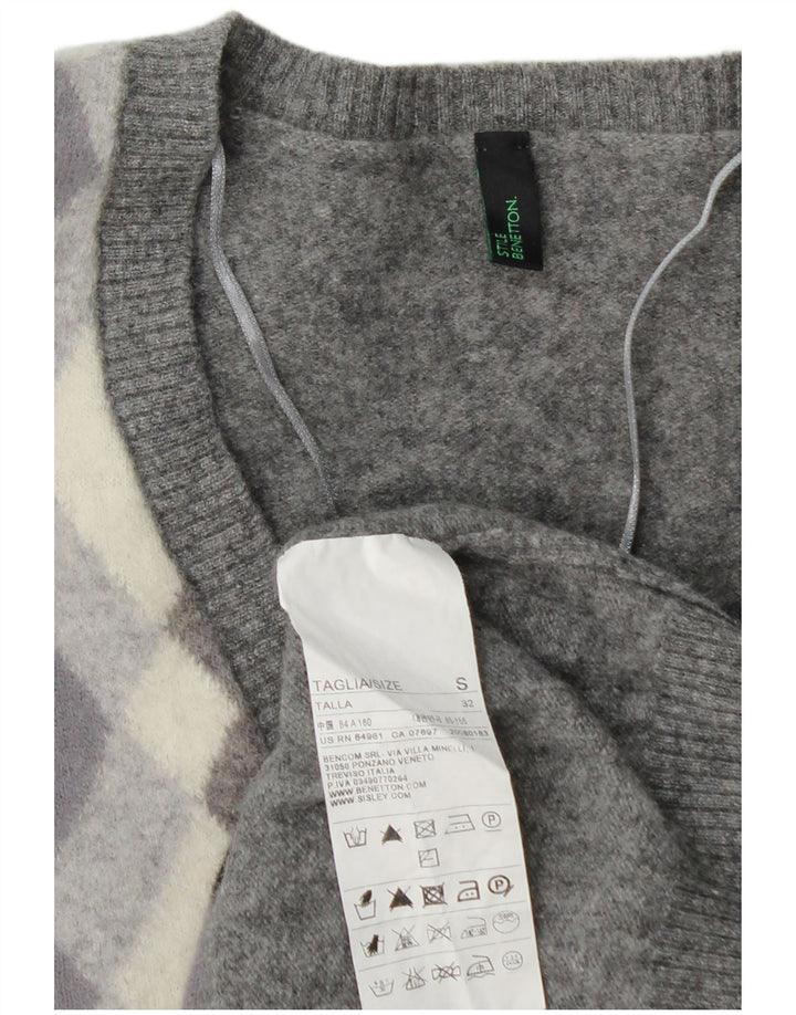 BENETTON Γυναικείο πουλόβερ με λαιμόκοψη σε V UK 10 Small Grey Argyle/Diamond Wool