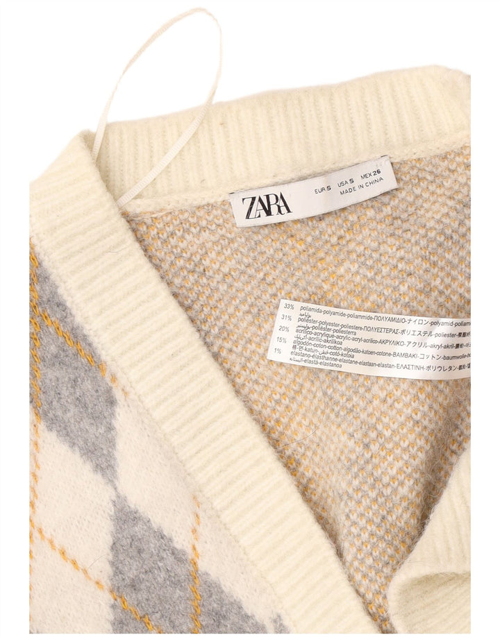 Zara γυναικείο πουλόβερ ζακέτα υπερμεγέθη UK 10 Small Off White Argyle/Diamond