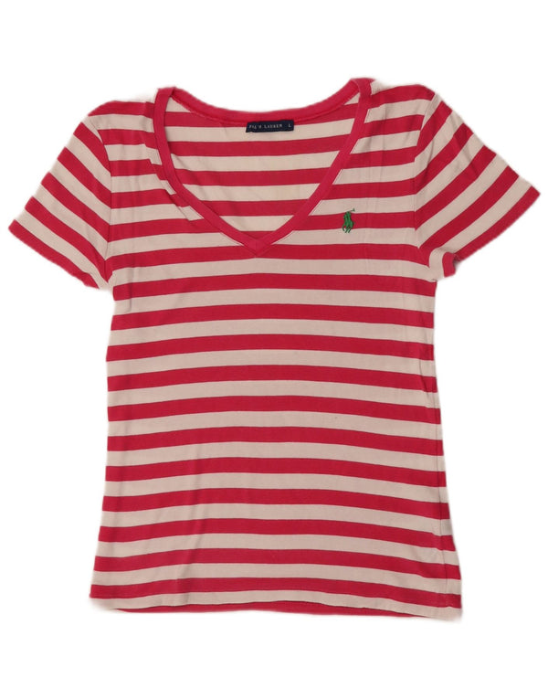 Ralph Lauren Γυναικείο T-Shirt τοπ UK 14 μεγάλο ροζ βαμβακερό ριγέ