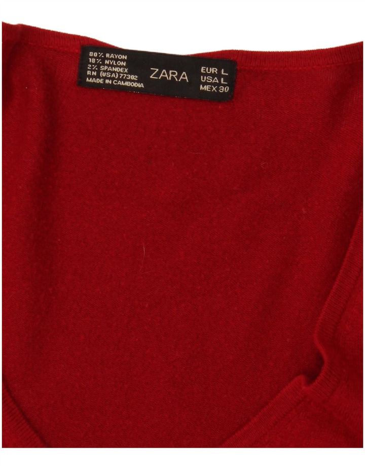 Zara Γυναικείο πουλόβερ με V λαιμόκοψη UK 14 Large Red Rayon