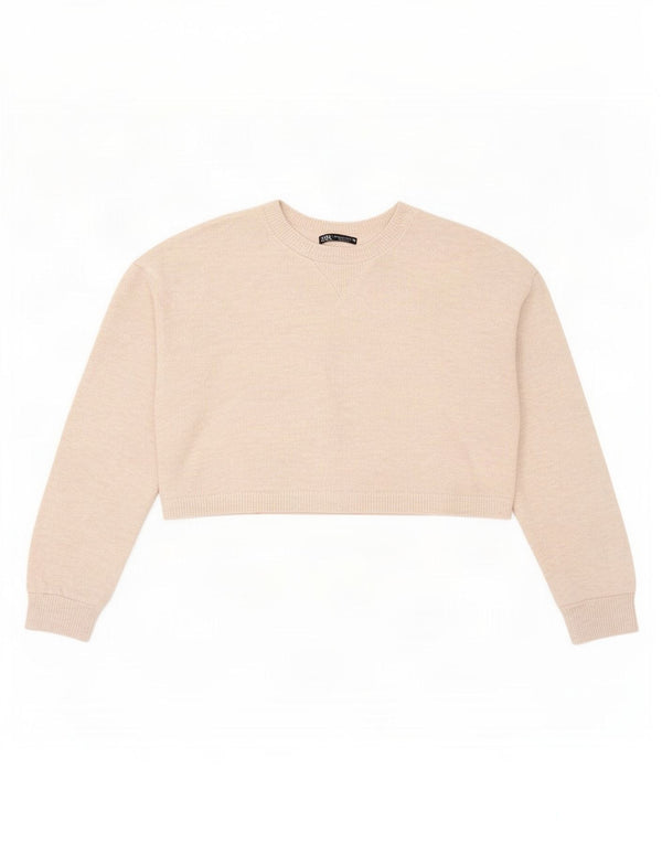 Zara Womens Crop Oversized Top Long Sleeve UK 10 Small Beige Polyester