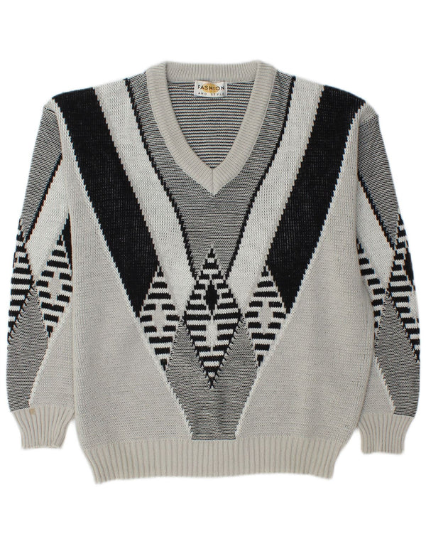 VINTAGE Ανδρικό πουλόβερ με λαιμόκοψη UK 34/36 XS Grey Argyle/Diamond