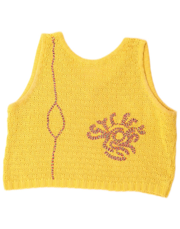 VINTAGE Γυναικείο Abstract Pattern Crop Tank Top UK 12 Medium Yellow