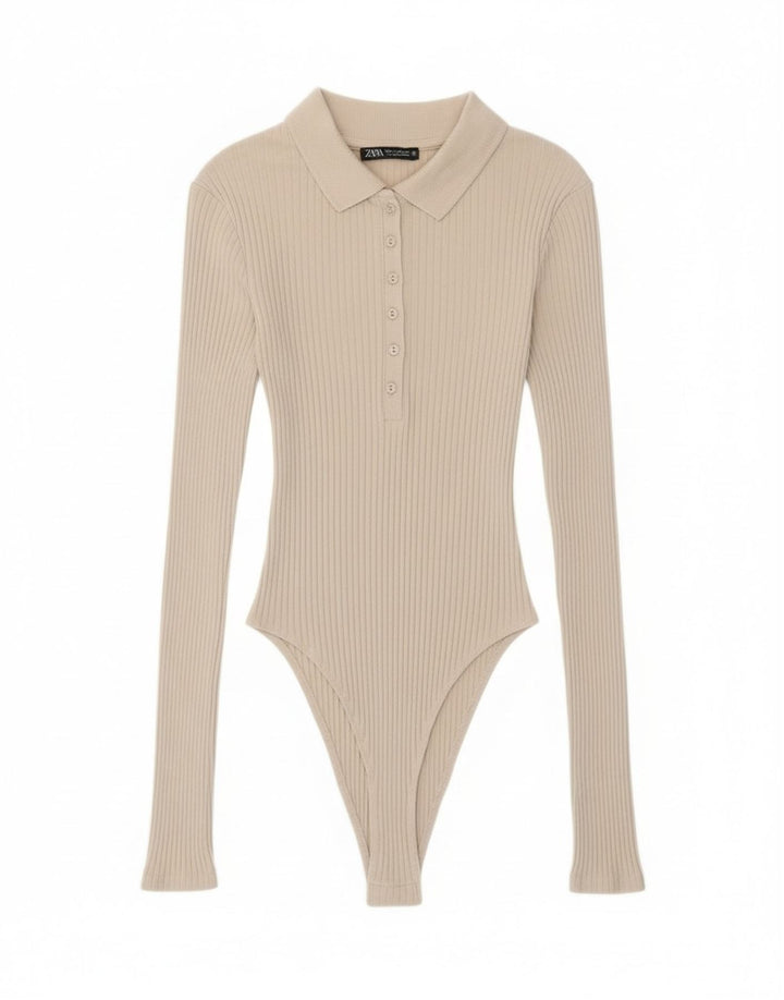 Zara Γυναικείο μακρυμάνικο κορμάκι UK 8 Small Beige βαμβακερό