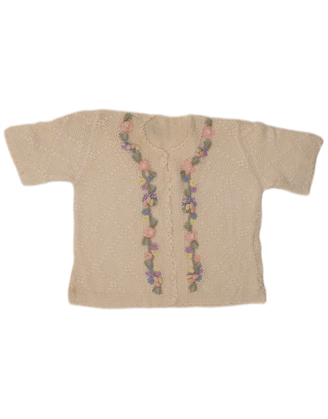 VINTAGE Γυναικείο κοντομάνικο ζακέτα UK 14 Medium Off White Floral