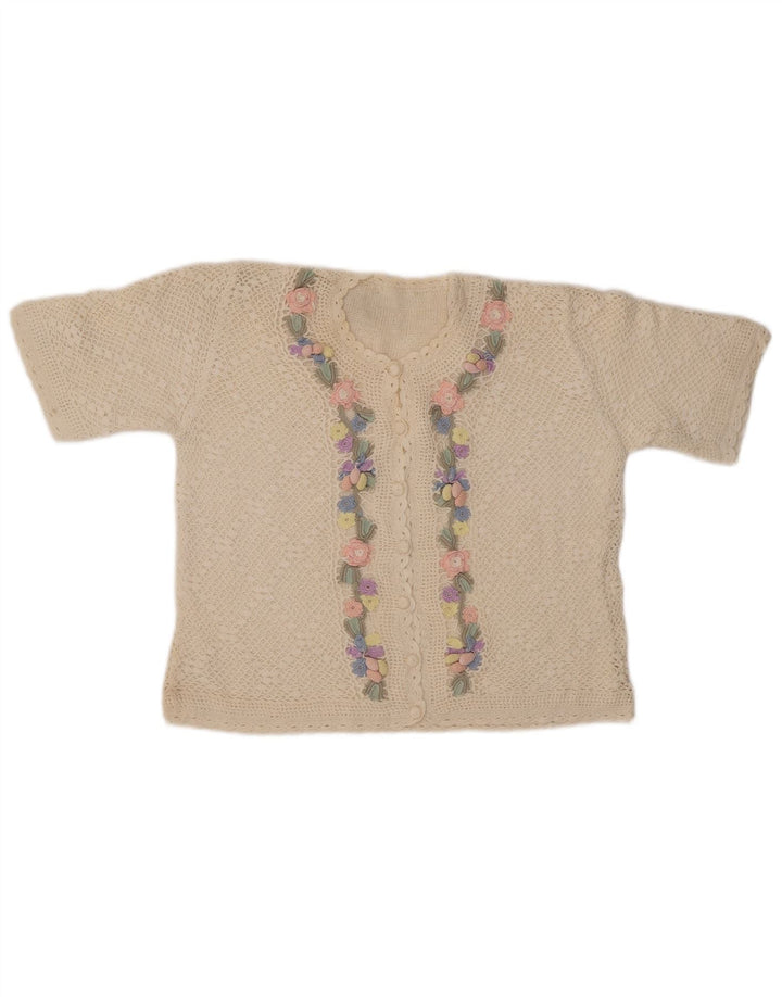 VINTAGE Γυναικείο κοντομάνικο ζακέτα UK 14 Medium Off White Floral