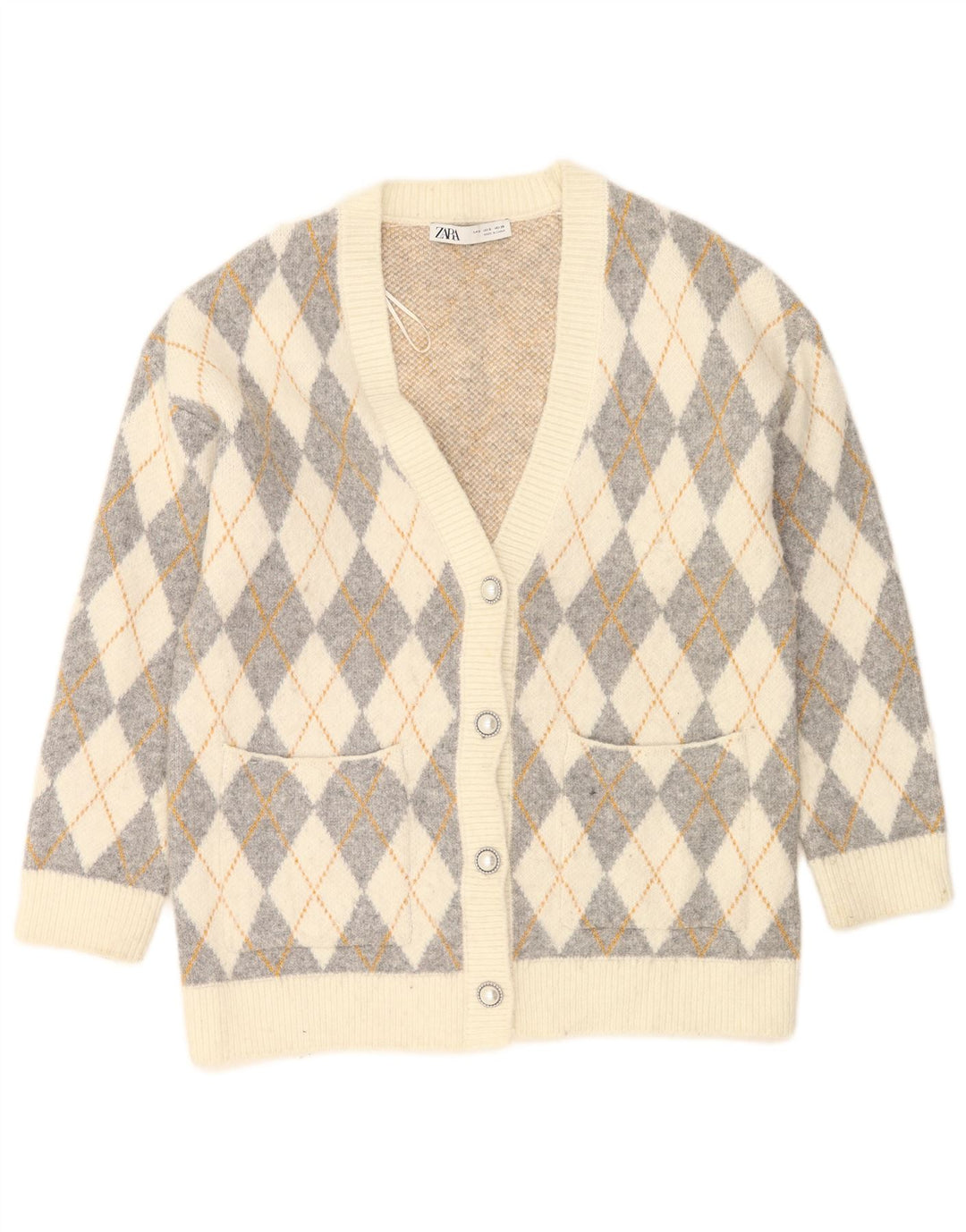 Zara γυναικείο πουλόβερ ζακέτα υπερμεγέθη UK 10 Small Off White Argyle/Diamond