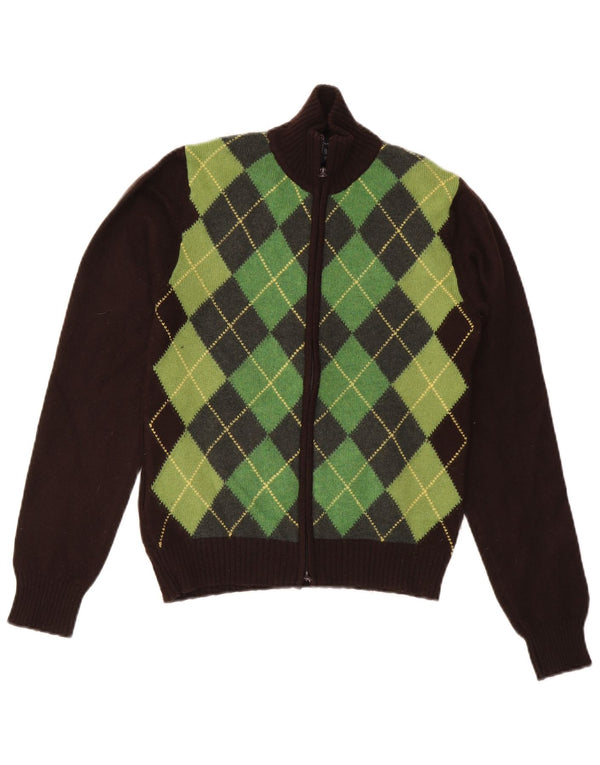 Gant Womens Cardigan Sweater UK 10 Small Brown Argyle/Diamond Wool