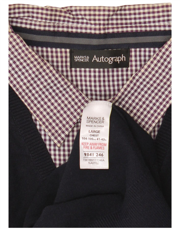 Marks & Spencer Ανδρικό αυτόγραφο πουλόβερ πουλόβερ με λαιμόκοψη με λαιμόκοψη μεγάλο, μπλε βαμβακερό