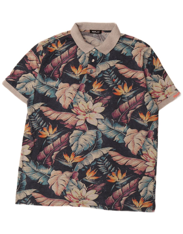 Ανδρικό γραφικό μπλουζάκι πόλο Replay 4XL Navy Blue Floral Βαμβακερό