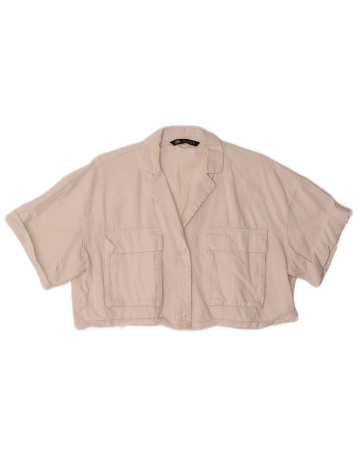 Zara Γυναικείο πουκάμισο Oversized Crop κοντομάνικο μπλούζα UK 14 Medium White