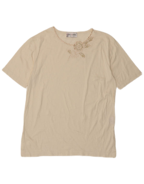 VINTAGE Γυναικείο T-Shirt Top EU 38 Medium Off White Floral βαμβακερό