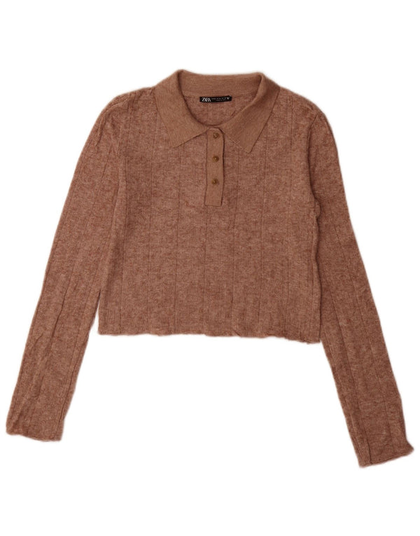 Zara Γυναικείο πουλόβερ με λαιμόκοψη UK 10 Small καφέ