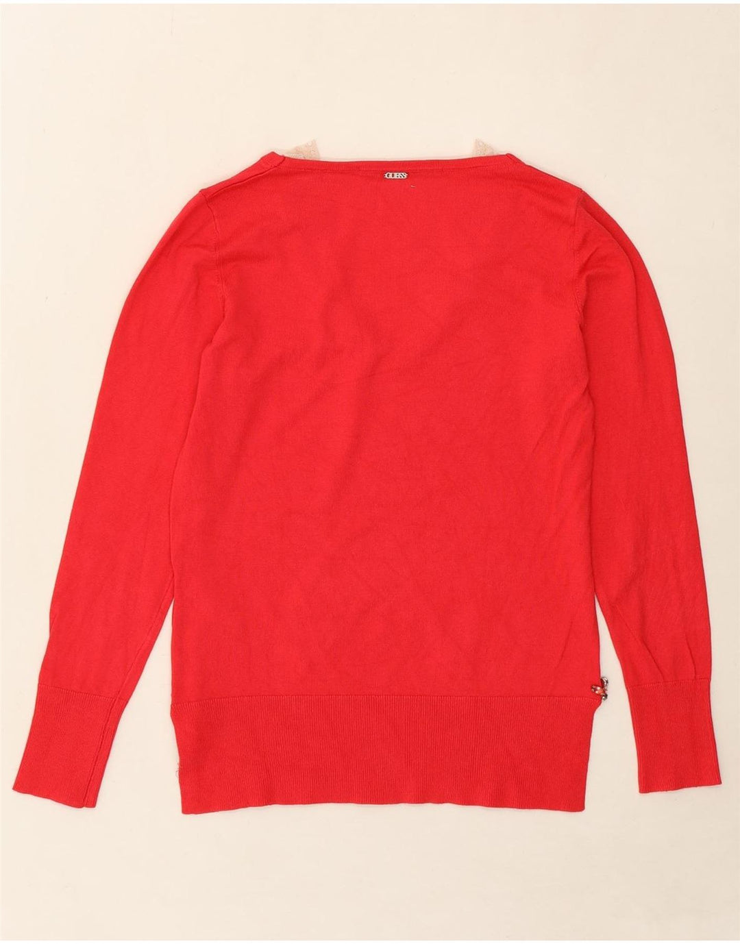 GUESS Womens V-Neck Jumper Sweater UK 12 Medium Red Viscose Vintage Guess and Second-Hand Guess from Messina Hembry 