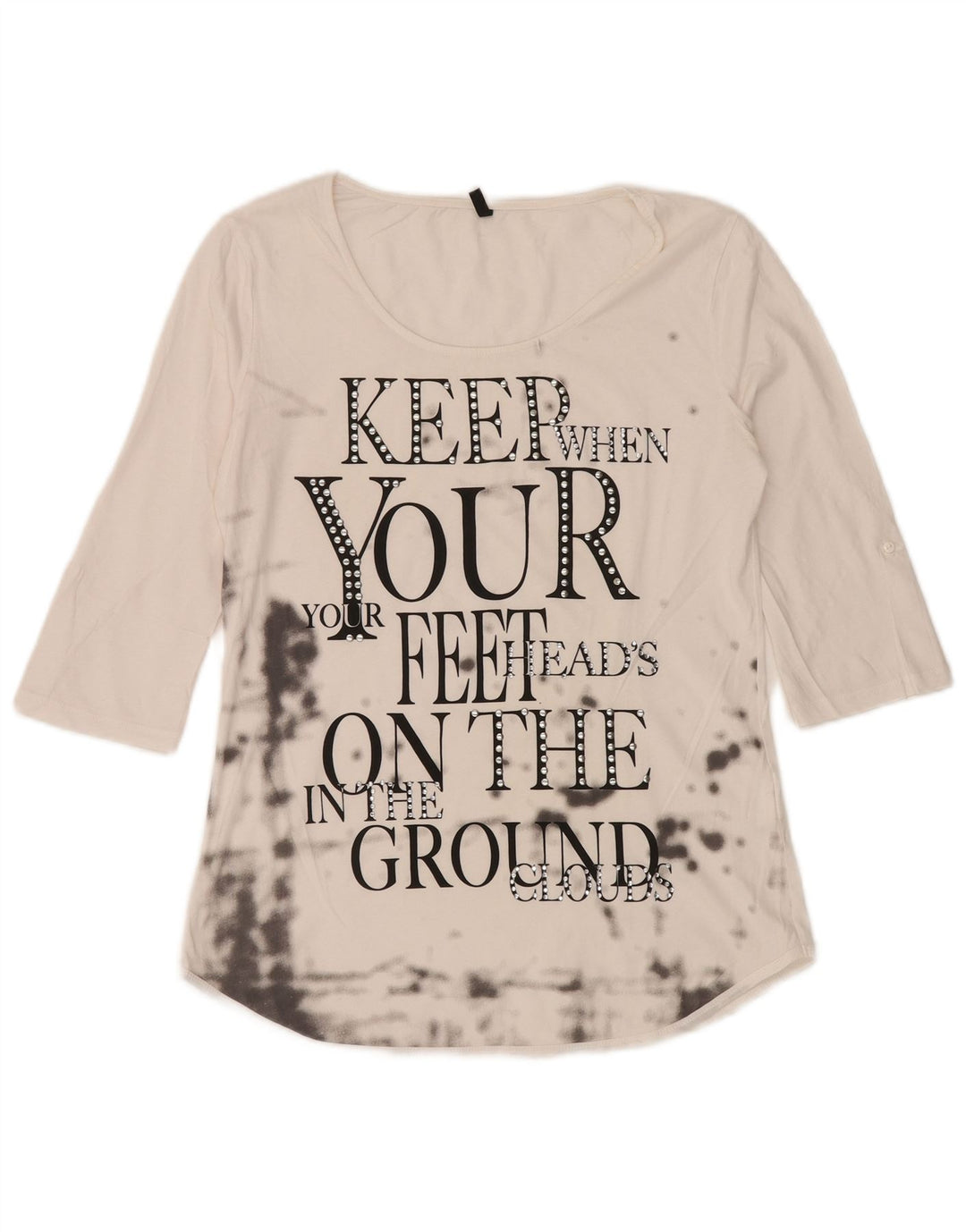 BENETTON Γυναικείο Γραφικό Τοπ 3/4 Μανίκι UK 12 Μεσαίο Λευκό