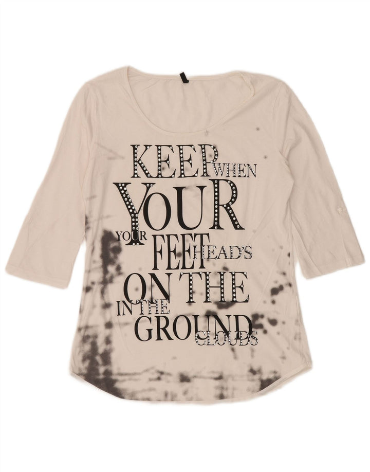 BENETTON Γυναικείο Γραφικό Τοπ 3/4 Μανίκι UK 12 Μεσαίο Λευκό