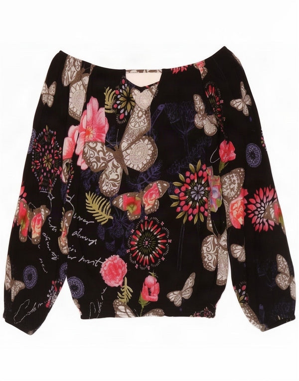 Desigual Womens Off Shoulder Oversized Blouse Top UK 10 Small Black Floral