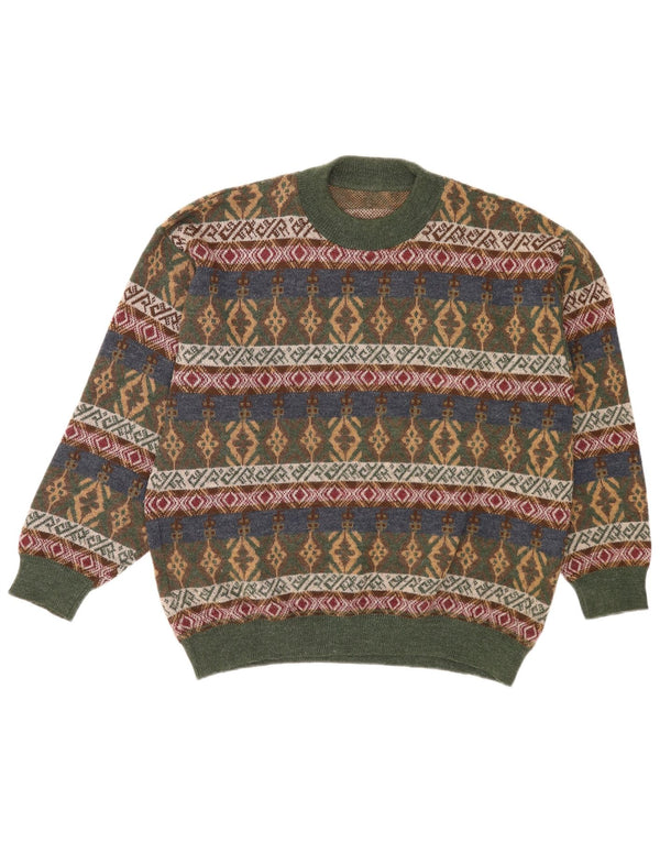 Vintage Mens Crew Neck Jumper Sweater Medium Green Geometric Acrylic Retro