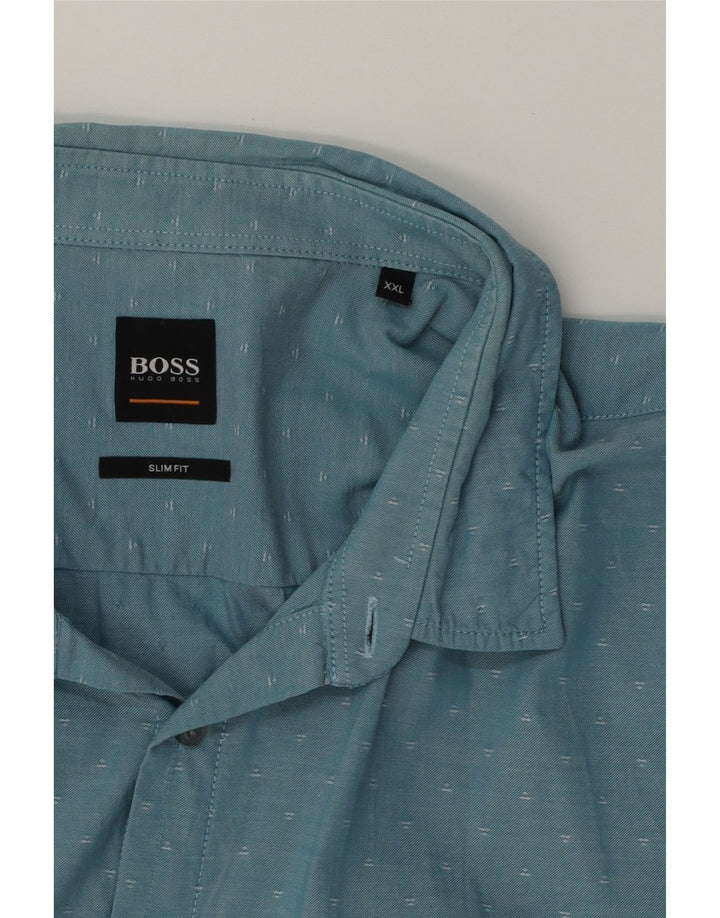 HUGO BOSS Mens Abstract Pattern Slim Fit Shirt 2XL Blue Cotton Vintage Hugo Boss and Second-Hand Hugo Boss from Messina Hembry 