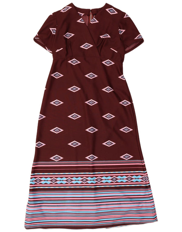Vintage γυναικείο μάξι φόρεμα UK 10 Small Burgundy Geometric