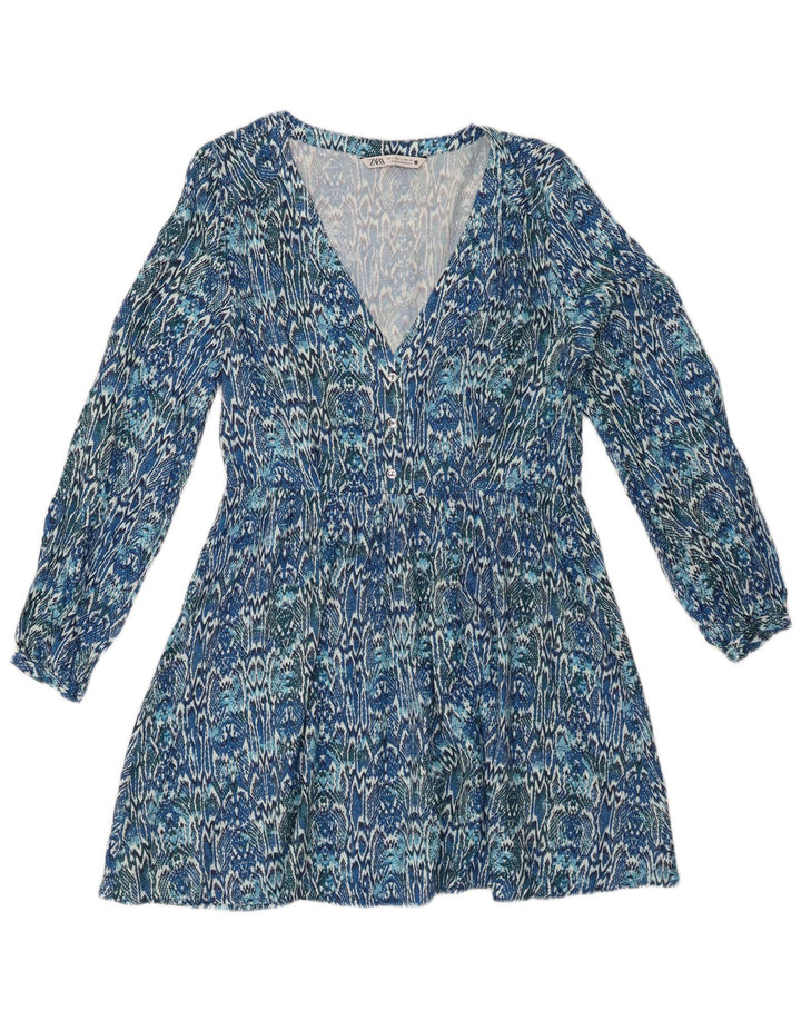 Γυναικείο μακρυμάνικο φόρεμα ZARA A-Line UK 10 Small Blue Ikat Viscose