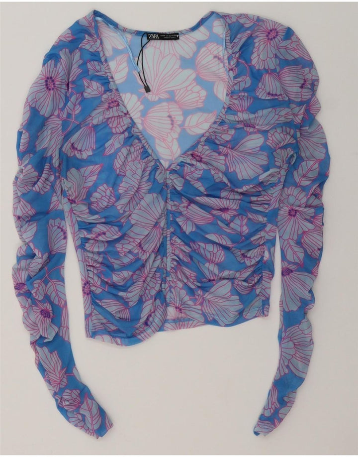 ZARA Womens Long Sleeve Crop Blouse Top UK 12 Medium Blue Floral Polyester Vintage Zara and Second-Hand Zara from Messina Hembry 