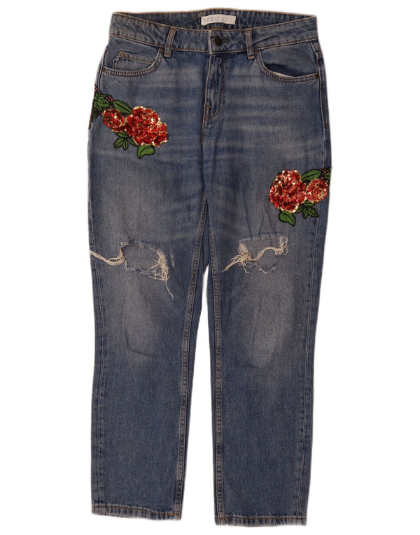Zara γυναικείο τζιν ίσιο ταλαιπωρημένο EU 36 XS W26 L29 Μπλε φλοράλ βαμβακερό