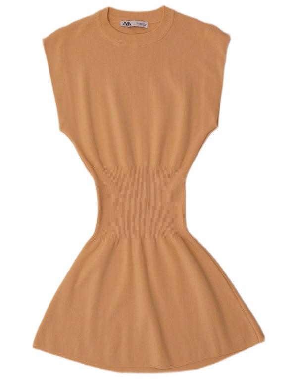 Zara Γυναικείο κοντομάνικο φόρεμα UK 10 Small Beige