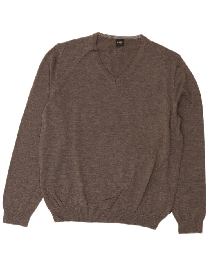 Ανδρικό πουλόβερ HUGO BOSS Slim Fit με V λαιμόκοψη 3XL γκρι μαλλί