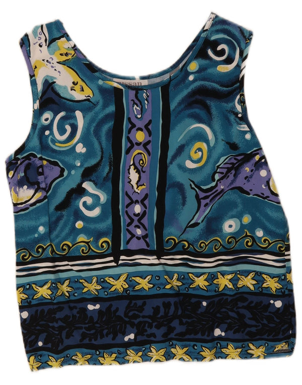 Vintage Γυναικεία Crop Abstract Pattern Μπλούζα UK 12 Medium Blue