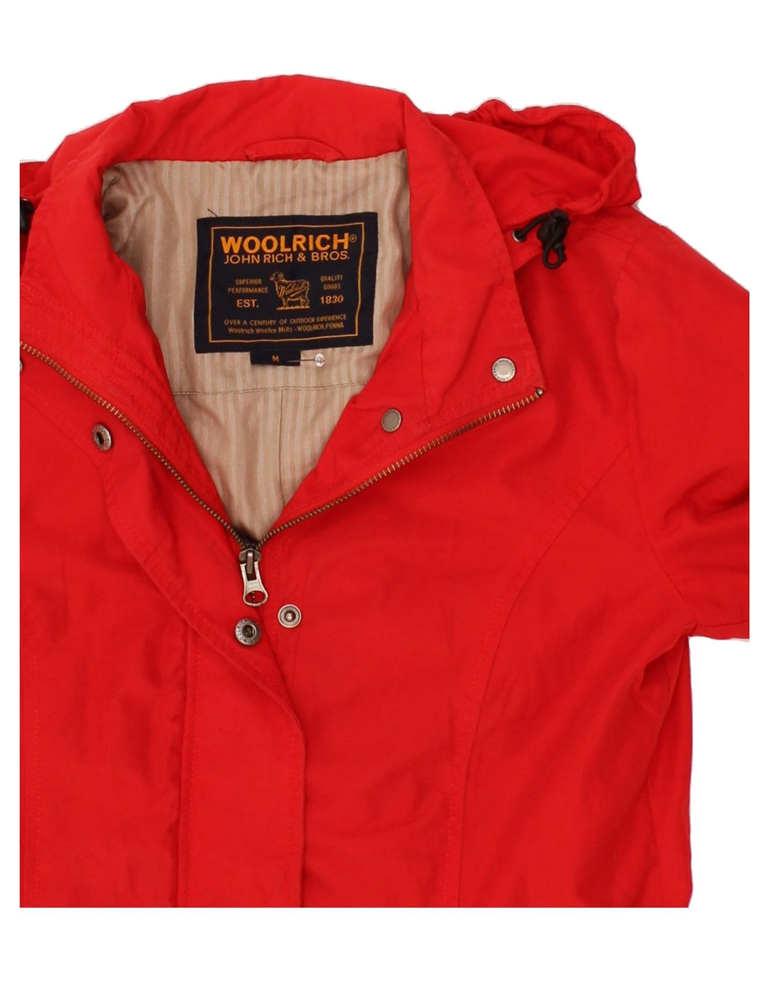 WOOLRICH Womens Hooded Rain Jacket UK 12 Medium Red Cotton Vintage Woolrich and Second-Hand Woolrich from Messina Hembry 