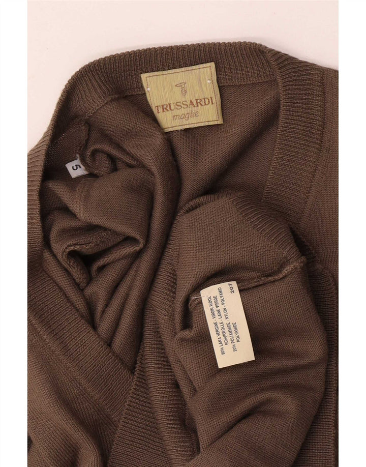 Ανδρικό πουλόβερ Trussardi με V λαιμόκοψη, παρθένο μαλλί σε μεγάλο καφέ