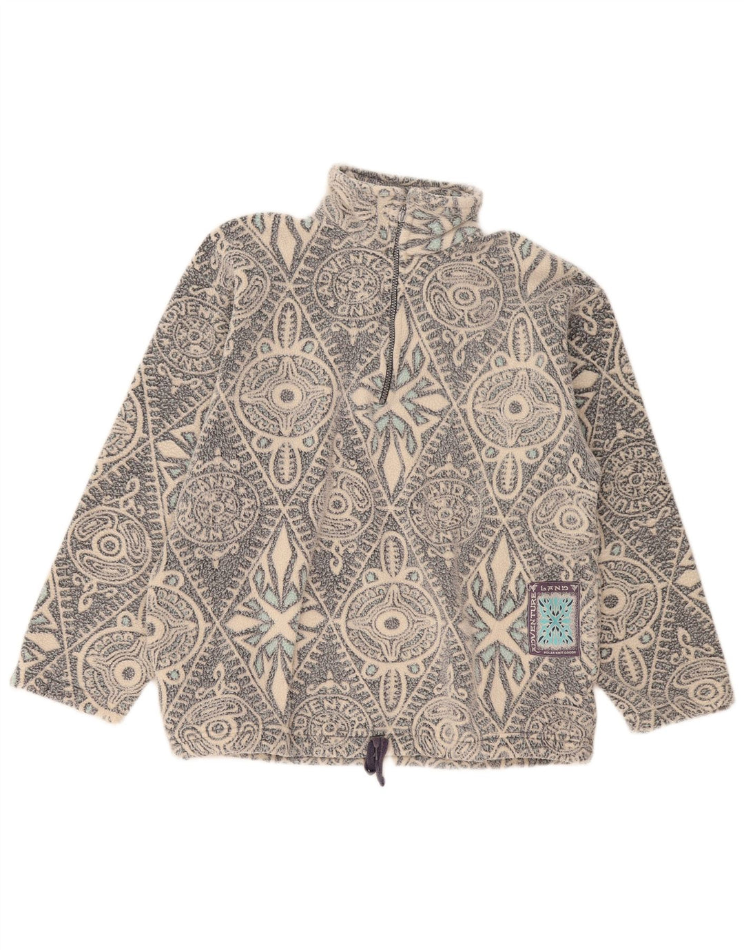 Vintage ανδρικό φερμουάρ Fleece Jumper Μεγάλο Γκρι Γεωμετρικός Πολυεστέρας