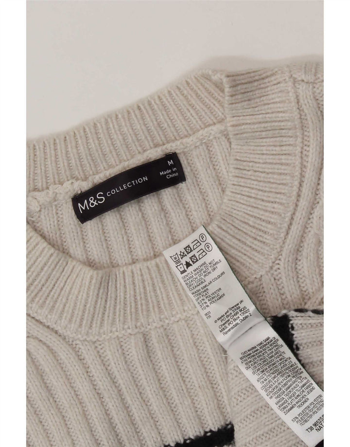 Marks & Spencer Γυναικείο πουλόβερ με λαιμόκοψη UK 14 Medium Beige ριγέ