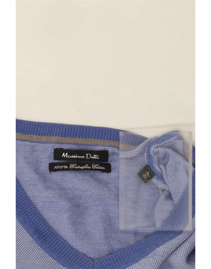 Ανδρικό πουλόβερ Massimo Dutti με V λαιμόκοψη, μεγάλο μπλε βαμβακερό